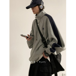 春秋日系復古cityboy拼接立領休閒衛衣情侶寬鬆套頭工裝外套學生