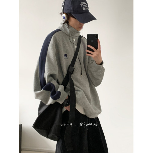 春秋日系復古cityboy拼接立領休閒衛衣情侶寬鬆套頭工裝外套學生 春秋日系復古cityboy拼接立領休閒衛衣情侶寬鬆套頭工裝外套學生