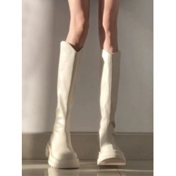 羊皮版~白色不過膝長靴女2024新款V口騎士靴顯瘦厚底長筒高筒靴