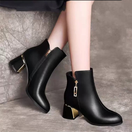 清倉粗跟短靴女2025年秋冬新款真皮加絨保暖單靴尖頭高跟女靴子女