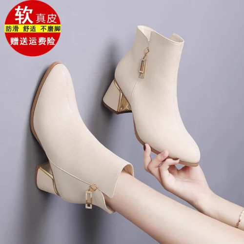 清倉粗跟短靴女2025年秋冬新款真皮加絨保暖單靴尖頭高跟女靴子女
