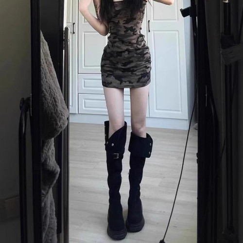 黑色長筒靴女新款秋冬季厚底過膝靴絨面長靴高筒騎士靴兩穿瘦瘦靴