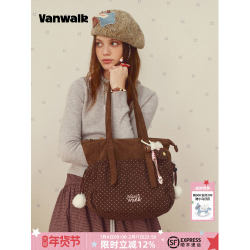 VANWALK聖誕系列 波點拼接托特包女大容量通勤包復古絨面單肩包