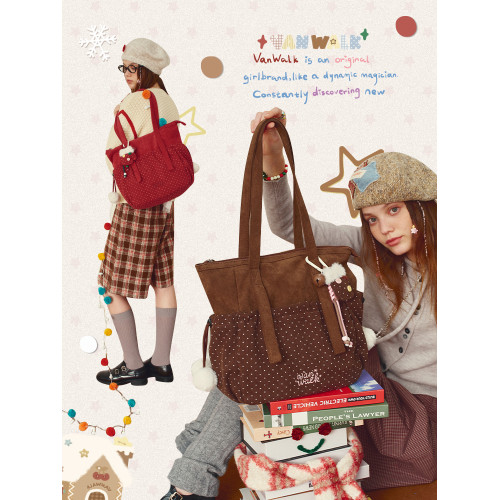 VANWALK聖誕系列 波點拼接托特包女大容量通勤包復古絨面單肩包