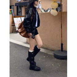 miu騎士靴黑色不過膝機車長靴女真皮綁帶復古加絨大碼西部牛仔靴