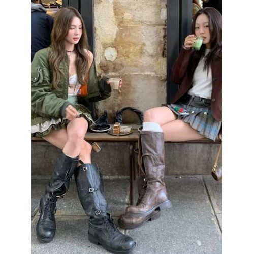 miu騎士靴黑色不過膝機車長靴女真皮綁帶復古加絨大碼西部牛仔靴 miu騎士靴黑色不過膝機車長靴女真皮綁帶復古加絨大碼西部牛仔靴