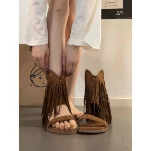 羊皮版~小個子內增高5cm西部鉚釘流蘇露趾涼靴女圓頭夏季羅馬涼鞋