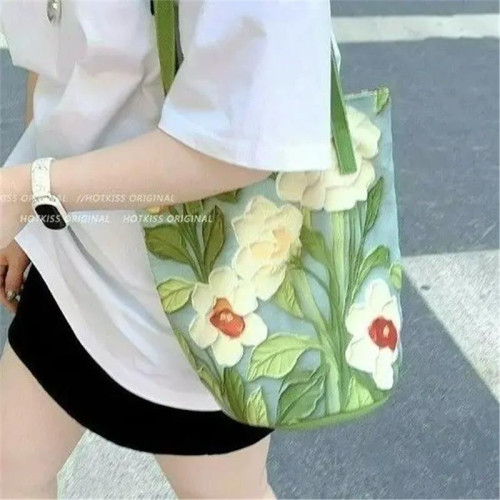 新外出手拎包油畫 畫花卉小衆高級感單肩布包女大容量通勤水桶包