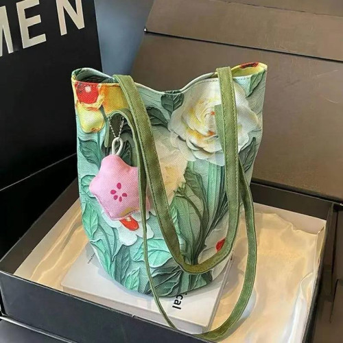 新外出手拎包油畫 畫花卉小衆高級感單肩布包女大容量通勤水桶包