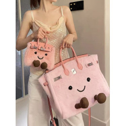 2025秋冬新款原創小衆設計敲可愛毛絨鉑金包手提包通勤凱莉斜後後背包