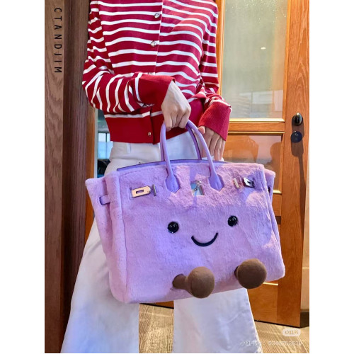 2025秋冬新款原創小衆設計敲可愛毛絨鉑金包手提包通勤凱莉斜後後背包