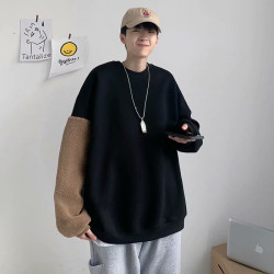 2025冬季羊羔毛刺綉小熊衛衣男女潮流寬鬆加厚圓領套頭外穿上衣bf