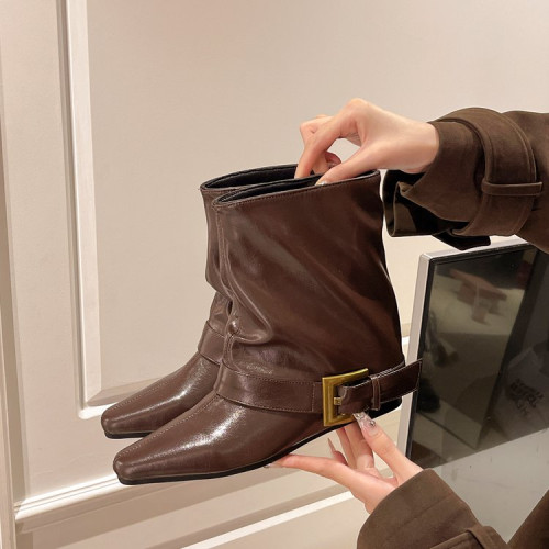 方頭短靴女2025秋冬新款百搭時裝瘦瘦靴平低洋氣馬丁靴中筒褲琯靴 方頭短靴女2025秋冬新款百搭時裝瘦瘦靴平低洋氣馬丁靴中筒褲琯靴