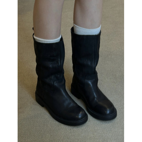 曲奇大叔~真皮圓頭馬丁靴女復古短靴英倫風中筒靴子內增高騎士靴