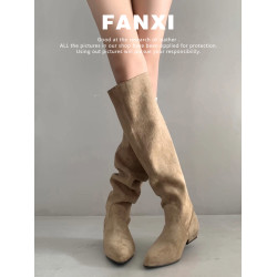 牛皮版~大筒圍顯瘦長筒堆堆靴女秋冬長靴復古尖頭粗跟高筒西部靴