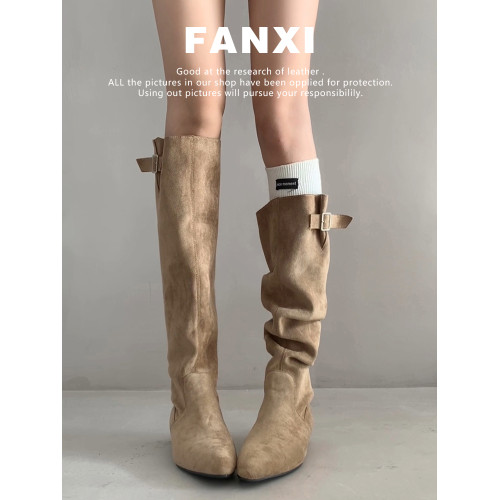 牛皮版~大筒圍顯瘦長筒堆堆靴女秋冬長靴復古尖頭粗跟高筒西部靴