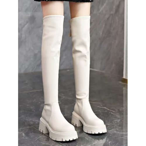 厚底高跟過膝長靴女小個子2024秋冬新款圓頭高筒靴粗跟百搭瘦瘦靴