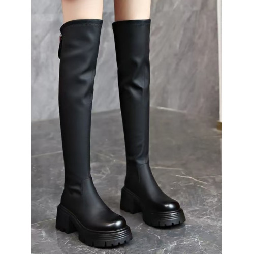 厚底高跟過膝長靴女小個子2024秋冬新款圓頭高筒靴粗跟百搭瘦瘦靴