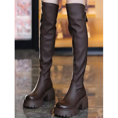 厚底高跟過膝長靴女小個子2024秋冬新款圓頭高筒靴粗跟百搭瘦瘦靴