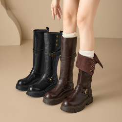品牌真皮棕色長筒靴女厚底英倫風高筒靴子2025秋冬新款顯瘦騎士靴