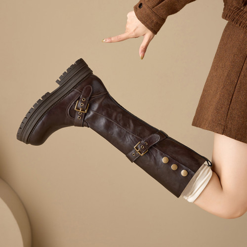 品牌真皮棕色長筒靴女厚底英倫風高筒靴子2025秋冬新款顯瘦騎士靴