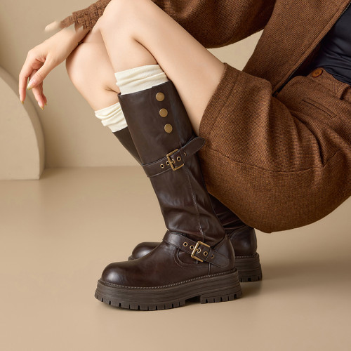 品牌真皮棕色長筒靴女厚底英倫風高筒靴子2025秋冬新款顯瘦騎士靴