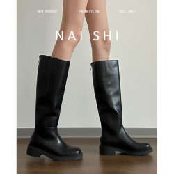 羊皮版！復古長筒靴女不過膝黑色騎士靴後拉鍊粗跟寬筒真皮長靴