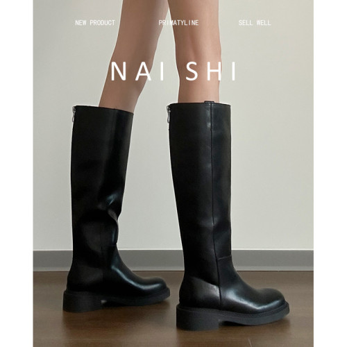 羊皮版！復古長筒靴女不過膝黑色騎士靴後拉鍊粗跟寬筒真皮長靴