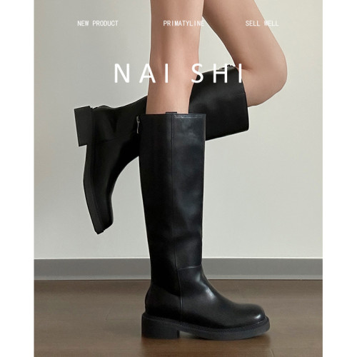 羊皮版！復古長筒靴女不過膝黑色騎士靴後拉鍊粗跟寬筒真皮長靴