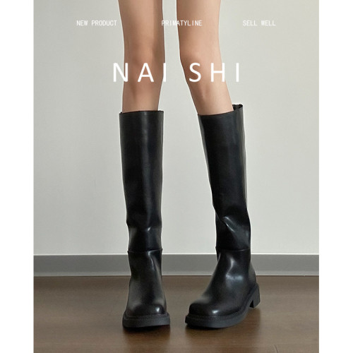 羊皮版！復古長筒靴女不過膝黑色騎士靴後拉鍊粗跟寬筒真皮長靴