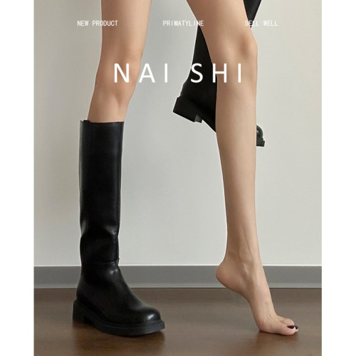 羊皮版！復古長筒靴女不過膝黑色騎士靴後拉鍊粗跟寬筒真皮長靴