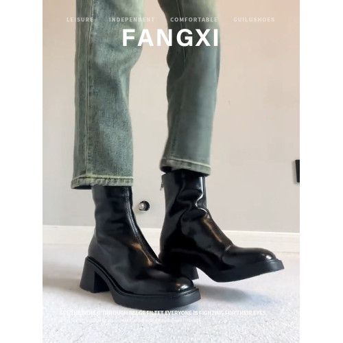 2026年新款春秋單靴英倫風方頭切爾西靴子高跟瘦瘦靴粗跟短靴女