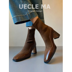 牛皮~短靴女2025新款真皮高跟鞋秋冬方頭彈力襪靴粗跟法式瘦瘦靴