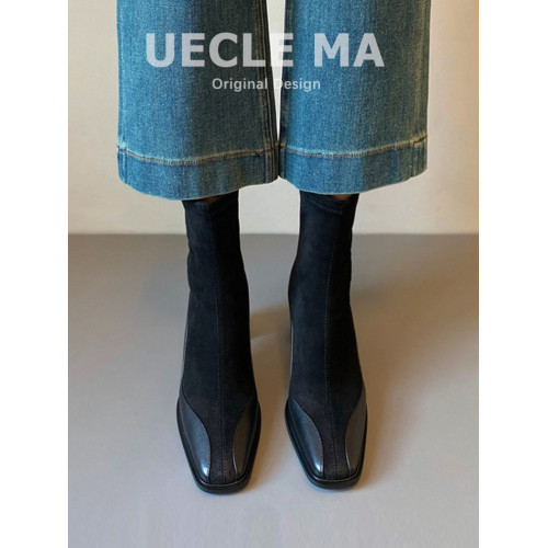 牛皮~短靴女2025新款真皮高跟鞋秋冬方頭彈力襪靴粗跟法式瘦瘦靴