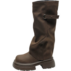 賈不假長筒靴女款2026新款春季棕色靴子胖mm粗腿高筒靴黑色褲琯靴