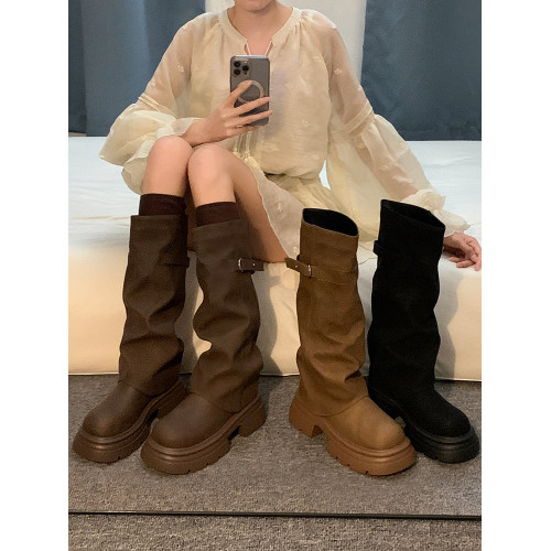 賈不假長筒靴女款2026新款春季棕色靴子胖mm粗腿高筒靴黑色褲琯靴 賈不假長筒靴女款2026新款春季棕色靴子胖mm粗腿高筒靴黑色褲琯靴