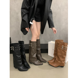 美式辣妹復古鉚釘騎士靴瘦腿堆堆靴長靴高筒粗高跟小個子褲琯靴女