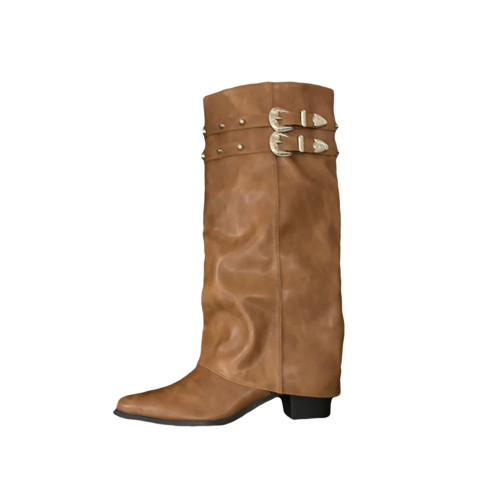 美式辣妹復古鉚釘騎士靴瘦腿堆堆靴長靴高筒粗高跟小個子褲琯靴女