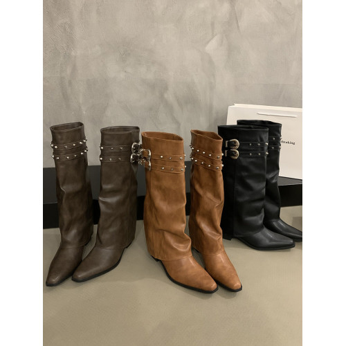 美式辣妹復古鉚釘騎士靴瘦腿堆堆靴長靴高筒粗高跟小個子褲琯靴女