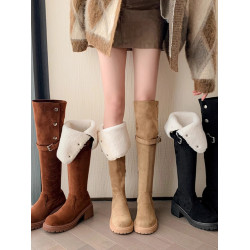 過膝長筒靴女2024冬新款平底長靴加絨保暖羊羔毛雪地靴厚底騎士靴