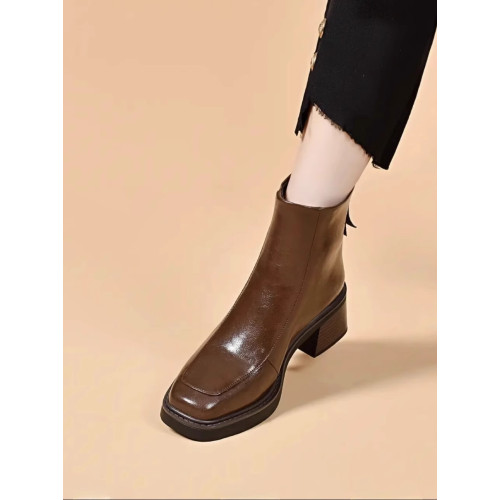 撤櫃品牌女鞋方頭短靴女粗跟2025新款冬季加絨皮鞋英倫厚底馬丁靴