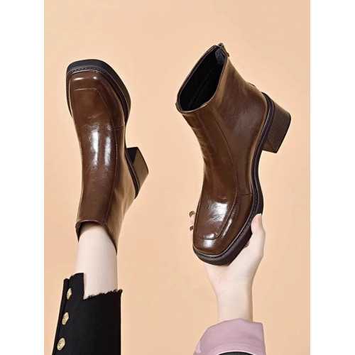 撤櫃品牌女鞋方頭短靴女粗跟2025新款冬季加絨皮鞋英倫厚底馬丁靴