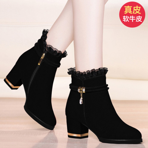 2024新款春秋冬季加絨真皮短靴百搭女鞋粗跟高跟中跟馬丁靴女靴子