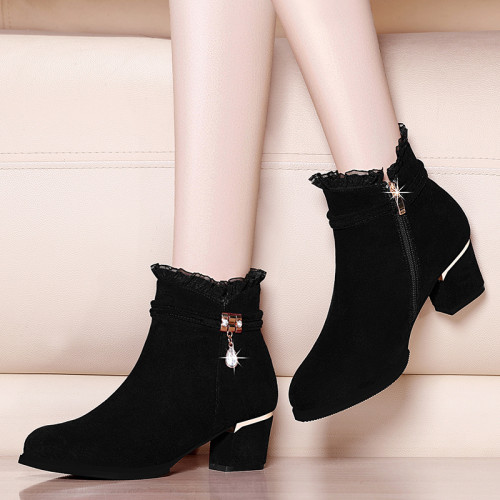 2024新款春秋冬季加絨真皮短靴百搭女鞋粗跟高跟中跟馬丁靴女靴子