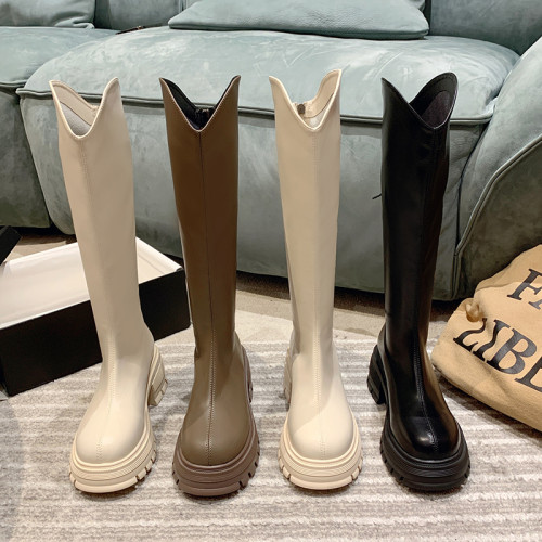 長筒靴女春秋季小個子圓頭復古高筒騎士靴厚底v口中跟粗跟瘦瘦靴 長筒靴女春秋季小個子圓頭復古高筒騎士靴厚底v口中跟粗跟瘦瘦靴