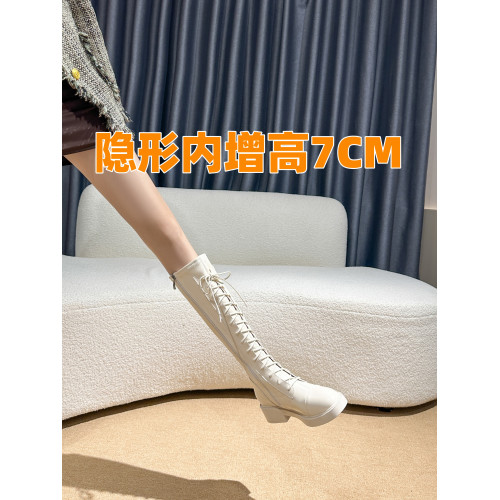 米白色綁帶長筒靴2026年新款7CM內增高女靴顯高騎士靴彈力瘦瘦靴