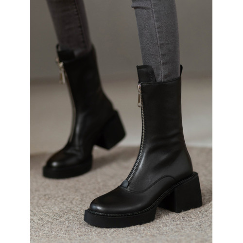 2025秋冬單靴真皮小個子前拉鍊中筒馬丁靴厚底靴子女瘦瘦高跟短靴 2025秋冬單靴真皮小個子前拉鍊中筒馬丁靴厚底靴子女瘦瘦高跟短靴