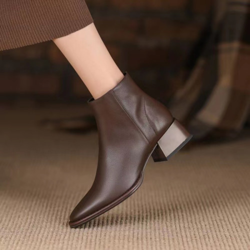 真皮小短靴女軟皮2025新款粗跟真皮方頭切爾西靴百搭裸靴春秋單靴 真皮小短靴女軟皮2025新款粗跟真皮方頭切爾西靴百搭裸靴春秋單靴