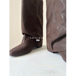 CHILIGIRL褶皺褲琯靴韓國女靴美拉德棕色套筒直腿辣妹不過膝長靴