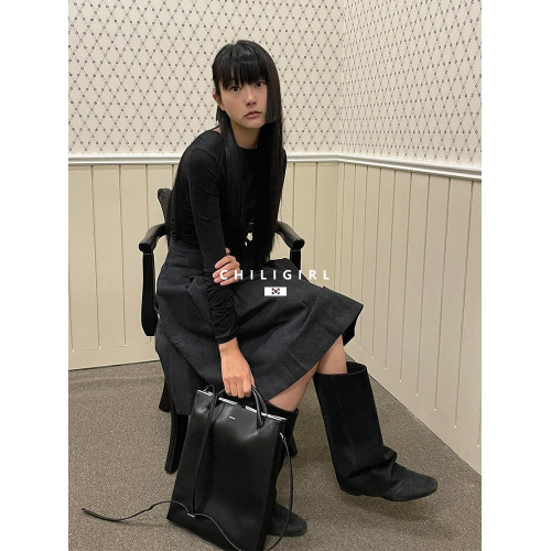 CHILIGIRL褶皺褲琯靴韓國女靴美拉德棕色套筒直腿辣妹不過膝長靴